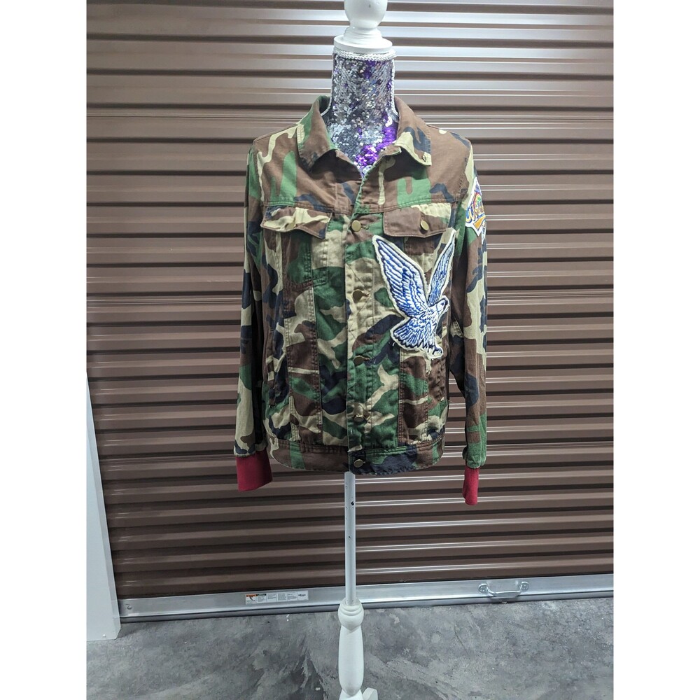 Vintage 90s Y2K‎ Green Army Camo 1996 World Series Jacket Eagle Skull Grunge